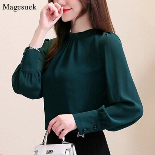 New Office Ladies Chiffon Shirt Women Blouse Femme Loose Solid Long Sleeve Shirt Tops O-neck Casual Female Blousse Blusas 13028