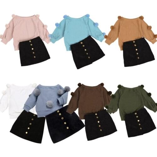 New 7Colors Toddler Baby Kids Girls Hairball Knit Tops+Button Mini Skirt Warm Outfits Sets