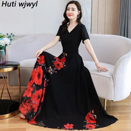 Casual Women Black Floral Chiffon Sundress 2021 Spring Summer Boho Beach Midi Dress Vintage Elegant Party Bodycon Maxi Vestidos