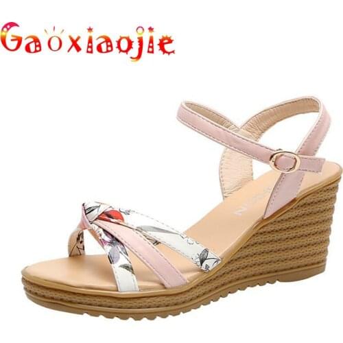 2021 Summer New Chic Super Sexy Narrow Band Woven Wedges Sandals Comfortable Platform 6.5CM Buckle Strap Office High-Heel Shoes