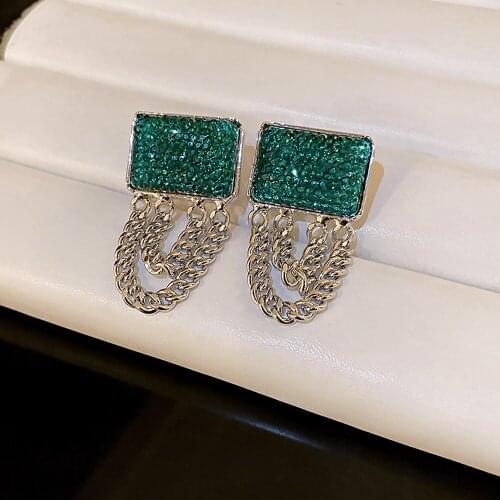 Green Purple Color Zinc Alloy Tassel Geometric Square Acrylic Stud Earrings For Women Exaggerated Vintage Earring Stud