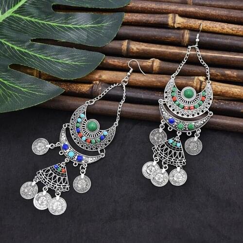 European and American Exaggerated Temperament Earrings Bohemian Style Crescent Shaped Earrings with Coins Exquisite Jewelry
