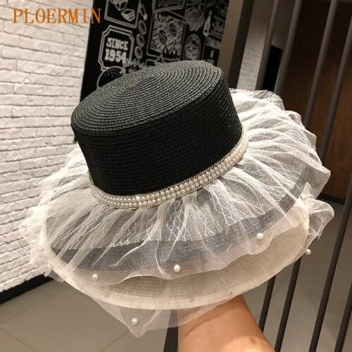 Women Lace Sun Hats For Wide Brim Straw Beach Side Cap Flat Top Female Straw Hat Lace Solid Fringe Straw Hat Summer Hat Chapeu