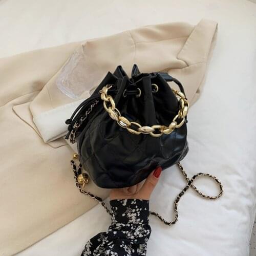 Lattice Pattern Shoulder Bags For Women 2021 Soft PU Leather Bucket Bag Female Drawstring Thick Chain Crossbody Travel Handbag