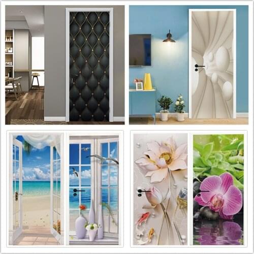 Fashion Modern Door Wall Paper Vinyl Self-adhesive Sunshine Beach Scenery 3D Door Decorative Waterproof Sticker Wall Renovation