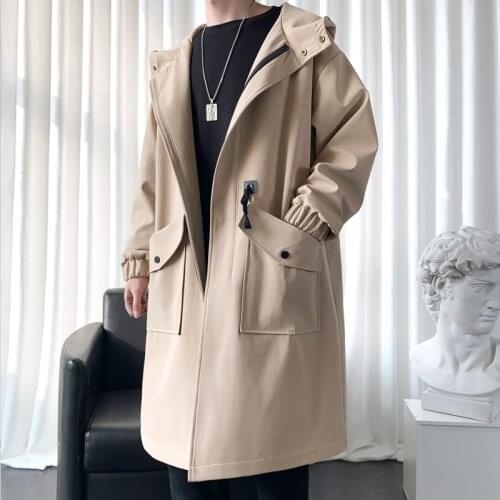 Streetwear long mens jacket spring autumn casual windbreaker man trench coat fashion hooded mens long coat