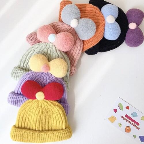 Knit Hat with Big Bow Kids Girls Hat Cute Bow Princess Candy Color Child Cap Baby Beanie Thick Warm Baby Hat for Girls Headwear
