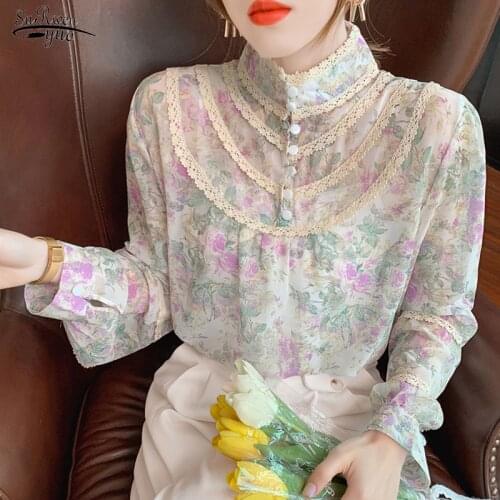 Autumn Button Lace Stand Collar Hollow Shirt Female Elegant Retro Chiffon Blouse Long Sleeve Printed Pleated Women Top 16241
