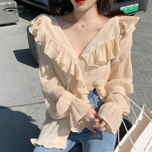 V Neck Woman Shirt Casual Solid Pleated Women Blouse Long Sleeve 2021 Autumn Loose Chiffon Blouse Chic Korean Tops Blusas 10572