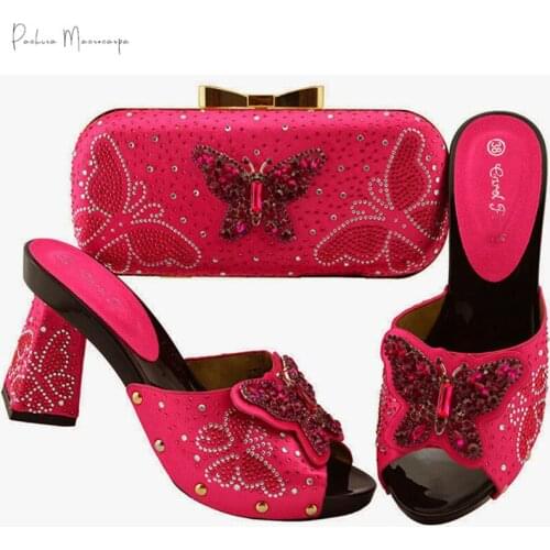 Ladies Italian Design LeatherFuchsia Color Italian Shoe with Matching Bag Set 2020 Nigerian Shoes and Bag Set for Party