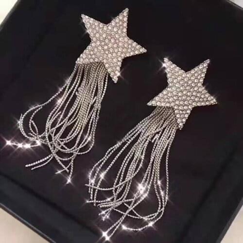 Fashion Jewelry 925 Sterling Earrings White Crystal Exaggerated tassel stars Big Earrings Quality Fashion Party Women Jewelry