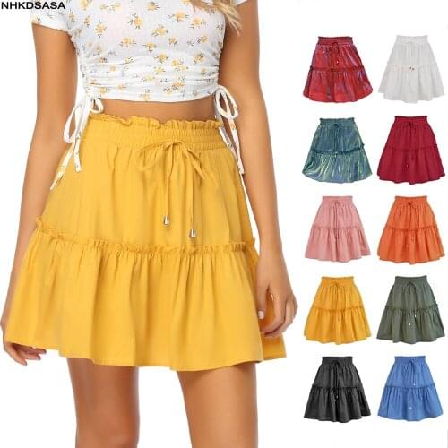 NHKDSASA Woman Skirts Harajuku 2021 Summer Fashion Elastic Solid Color High-Waisted Layer Ruffle Hem Short Skirt Dropshipping