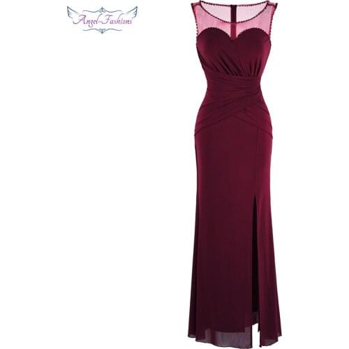 Angel-fashions Womens Sheer Pleated Long Evening Dress Wine Red New Party Gown Mother Dresses 433 403