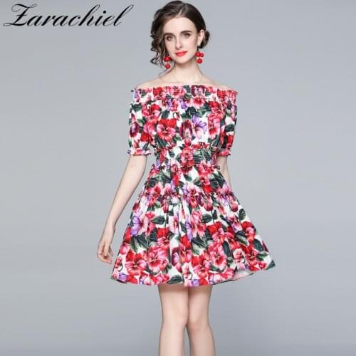 Summer Sexy Off The Shoulder Beach Dresses Womens Charming Rose Flower Print Ruffles Elastic Waist Short Ball Gown Vestidos