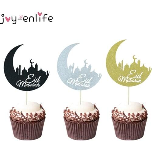 10pcs Moon Eid Mubarak Cake Toppers Ramadan Mubarak Glitter Cupcake Topper For Islamic Muslim Festival Eid Party Cake Decoration