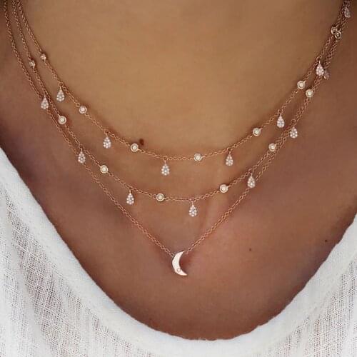 2020 Boho Fashion Pendant Necklaces For Women Vintage Gold Crystal Drop Moon Necklace Multilayer Female Jewelry Wedding Gift