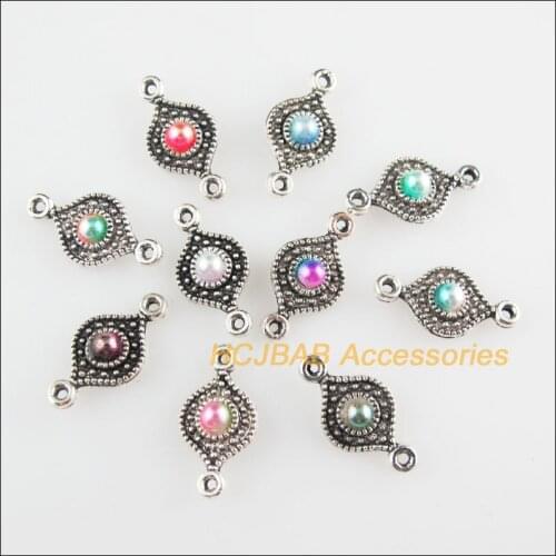 30Pcs Tibetan Silver Tone Flower Mixed Acrylic Eyes Charms Connectors 8x16mm