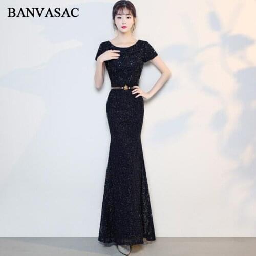 BANVASAC 2018 Crystal O Neck Lace Embroidery Mermaid Long Evening Dresses Party Short Sleeve Sequined Sash Prom Gowns