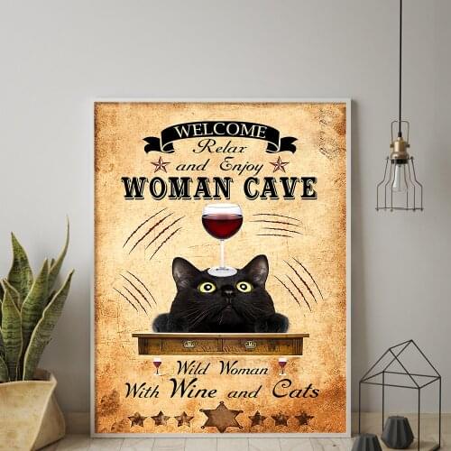Black Cat Woman Cave Poster Cat Drink red Wine Art Print Vintage Get Retro Funny Bathroom Sign Canvas Painting Home Decor