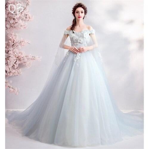 Elegant Light Blue Ball Gown Tulle Lace Beading Appliques Evening Dresses 2020 New Fashion Long Formal Evening Gowns XH425