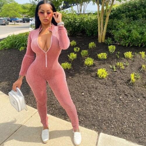 High Quality Womens Jumpsuit Green Velvet Striped Fitness One Piece Overalls Autumn Pink Zipper Front Bandage Long Rompers