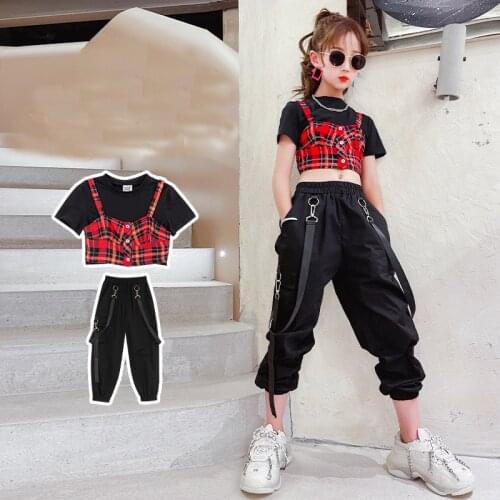 Girls Dance Clothes Set Jazz Hiphop Short Sleeve Tops Black Pants Fashion Show Suits 5 6 8 10 12 years Summer