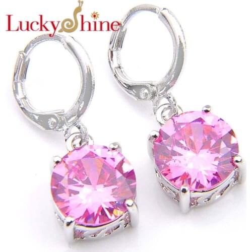 Luckyshine Round Pink Crystal Cubic Zirconia Silver Wedding Dangle Earrings Russia USA Australia Earrings Free Shipping