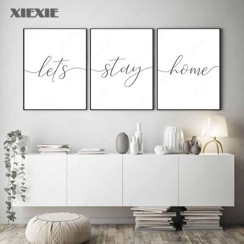 Minimalist Lets Stay Home Black and White Canvas Painting Scandinavian Poster Print Wall Art Pictures for Kids Room Home Decor