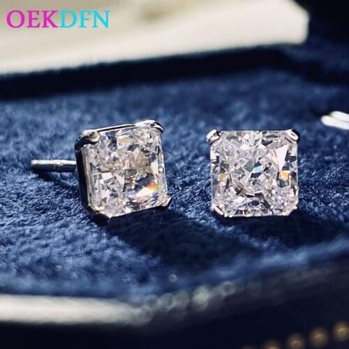 OEKDFN Real 925 Sterling Silver Stud Earrings For Women Sparkling Square AAAAA+ Zircon Gemstone Party Wedding Fine Jewelry Gift