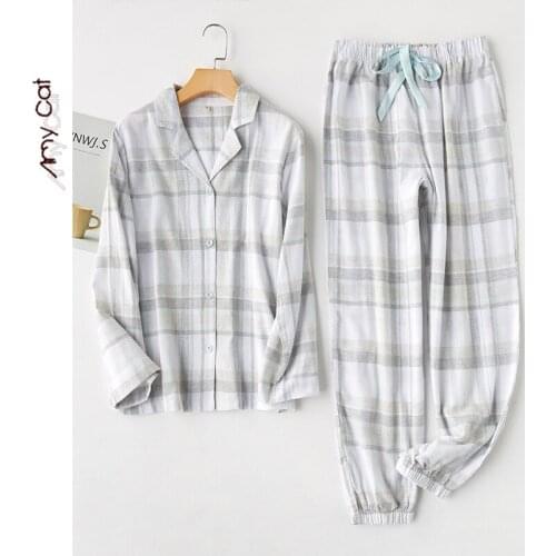 Autumn and Winter Pure 100%Cotton Flannelette Pure and fresh plaid Pajamas Long sleeves Trousers Warm Home Casual clothes