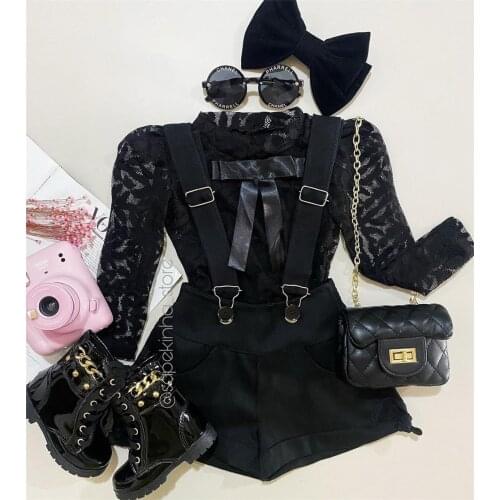 0-5Y Kids Baby Girls Clothes Set 2021 Summer Autumn Long Sleeve Bow Neck Lace Shirts + Suspender Shorts Overalls Children Outfit