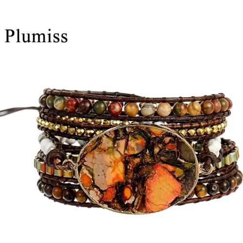 Oval Orange Imperial Jaspers Leather Wrap Bracelet Red Creek Jaspers Natural Stone Beads Bracelets for Women New Fashion Jewelry