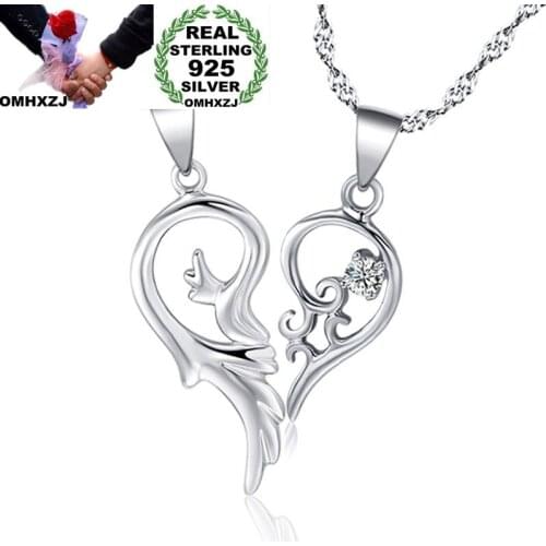 OMHXZJ Wholesale European Fashion Woman Girl Party Gift Heart Lovers AAA Zircon 925 Sterling Silver Necklace Pendant Charm CA06