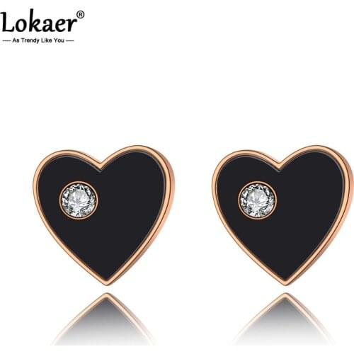Lokaer Trendy Stainless Steel Black Acrylic Heart Wedding Earrings For Women Rose Gold CZ Crystal Stud Earrings Jewelry E19252