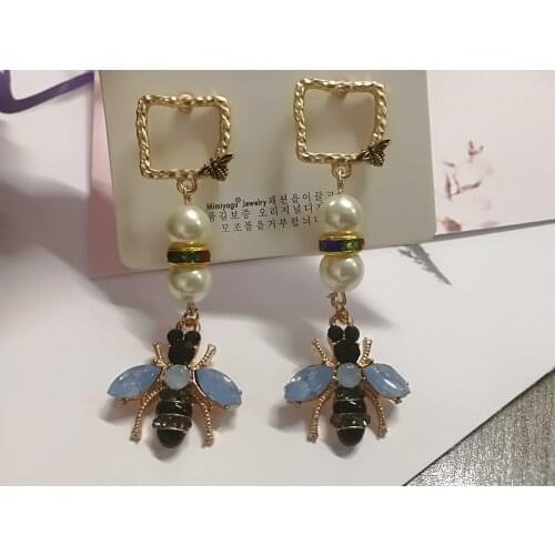 Korean gold plated luxury crstyal pearl bee drop dangle earrings jewelry for women
