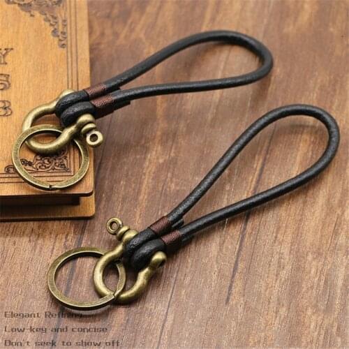 Lanyard Leather Keychain Retro tied wire round Chain Straps metal hook horseshoe buckle Handmade Cowhide Mobile Phone lanyard