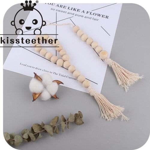 Kissteether Nordic Wood Bead Garland with Tassels Farmhouse Beads Rustic Country Decor Kid Room Wall Hanging Ornament Home Decor