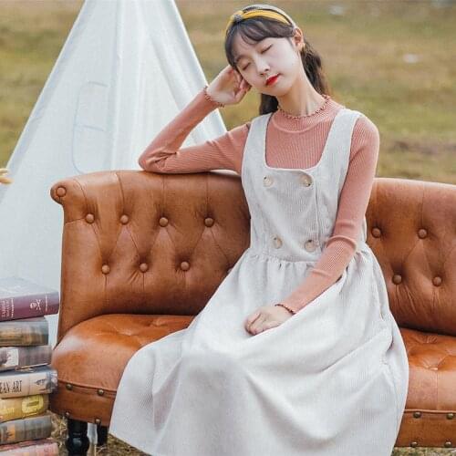 Spring Autumn Women Solid Color Sleeveless Long Corduroy Dresses Korean Preppy Style Corduroy Spaghetti Strap Dress