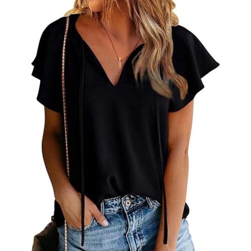 T shirt women 2021 fashion Floral Print V Neck Ruffle Short Sleeve Tie Summer T-shirt Streetwear for Party Womens Clothing