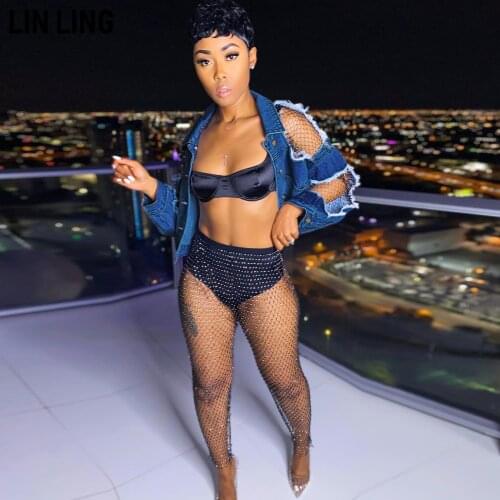 LINLING Dark Blue Hollow Ripped Shoulder Single Breasted Short Sexy Versatile Denim Jacket Street Style Top