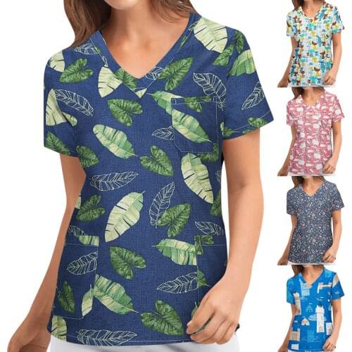 Women Short Sleeve V-neck Working Uniform Lovely Fresh Printing T-Shirt Comfortable Daily Working Uniform T-Shirt Carer Top