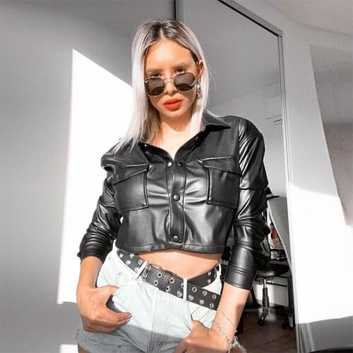 High Quality 2021 Spring Black PU Leather Loose Turn-down Collar Zipper Fashion New Womens Wild Loose cropped leather jacket