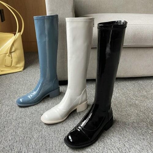 Patent Leather Women Knee High Boots Comfortable Square Heel Calf Boots Fashion Back Zipper Women Motorcycle Boots Black Blue
