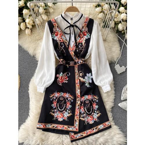 2021 Spring Autumn Elegant 2 Piece Set Overalls Dress Women Bow Collar White Shirt Top+ Irregular Flower Print V-Neck Vest Dress