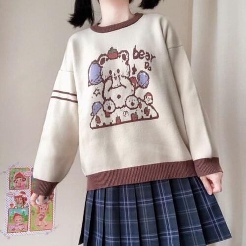 Harajuku Style Womens Sweatshirt Spring Autumn New Women Plus Velvet O-neck Sweatshirt Student Cartoon Print Loose Sweatshirt