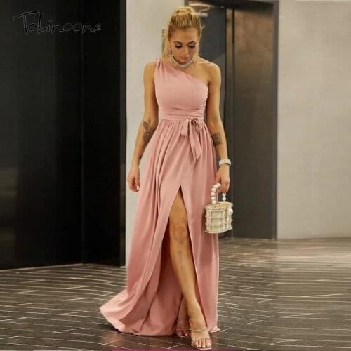Tobinoone One Shoulder Belted High Split Maxi Dress Women Backless High Waist Ruched Party Dresses Summer Evening Sexy Vestidos
