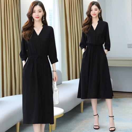 Spring Summer Solid 3/4 Sleeve Office Lady Dress 2021 Vintage Chic Black Chiffon Midi Dress Women Casual Bodycon Party Vestidos