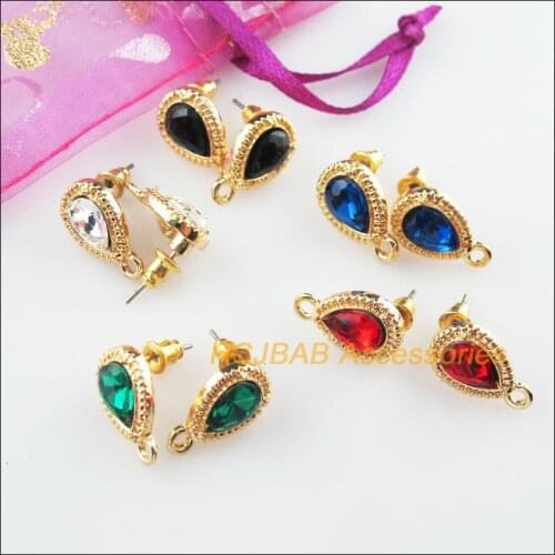 10Pcs Gold Color Teardrop Mixed Crystal Wire Earrings Hooks Findings 10x16mm
