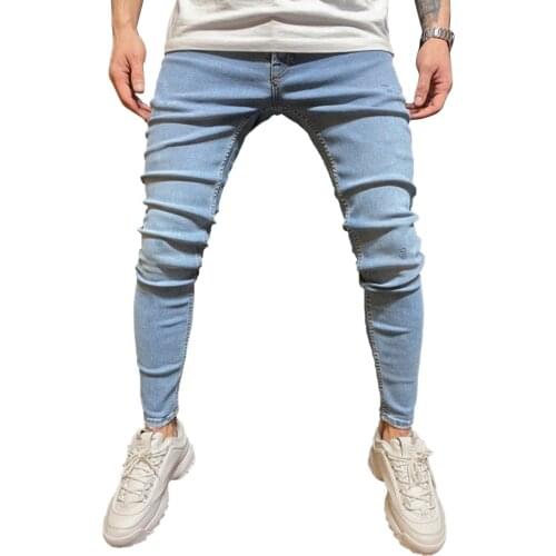 2021 New Mens Stretch Biker Jeans, Casual Mid Waist Skinny Washed Denim Pants with Pockets Fashion Joker Soft