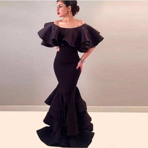 Arabic Long Mermaid Tiered Skirt Evening Dresses Robe De Soiree Courte Satin Cape Sexy Prom Party Gowns 2020 Cheap Abendkleider